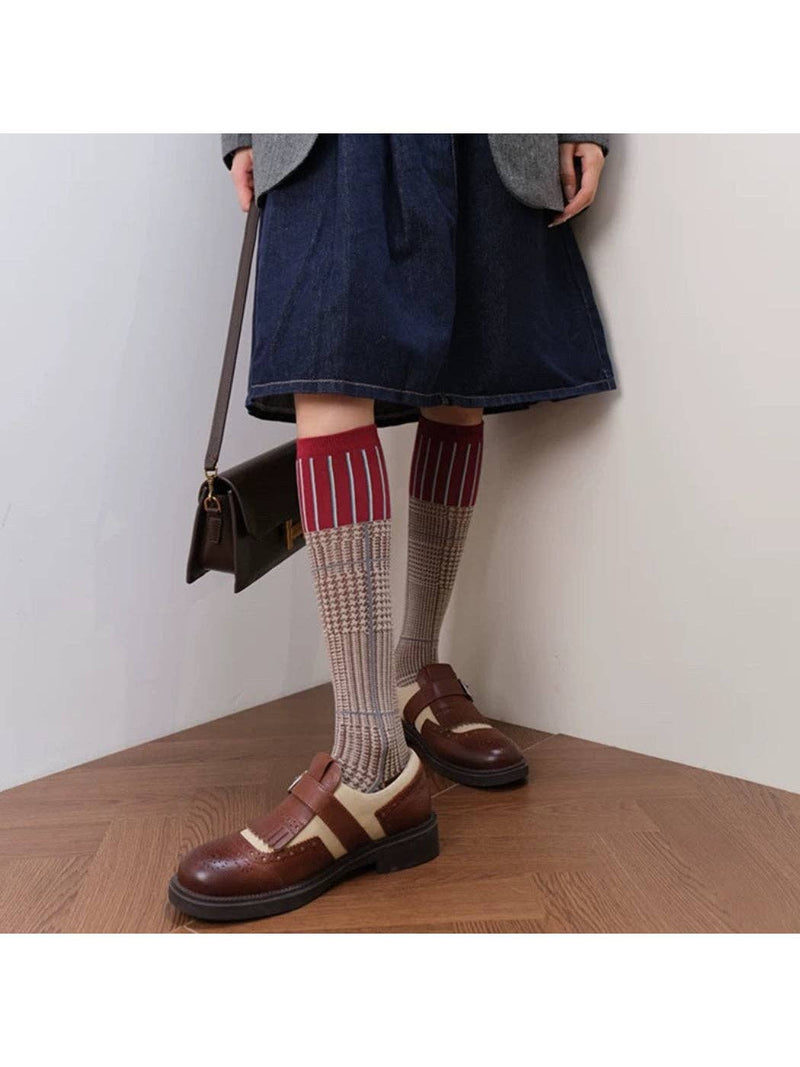 Rufia - Colorblock Plaid Mid-Calf Crew Socks: Khaki