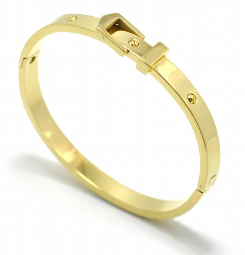  Buckle Bangle Bracelet- Hinged- Stainless Steel - Cuff : Yellow Gold