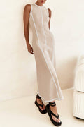 Ribbed Maxi A-line Sleeveless Dress with Contrast Stitch in Beige