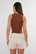 Cropped Cotton Ribbed Tank Top in Brown