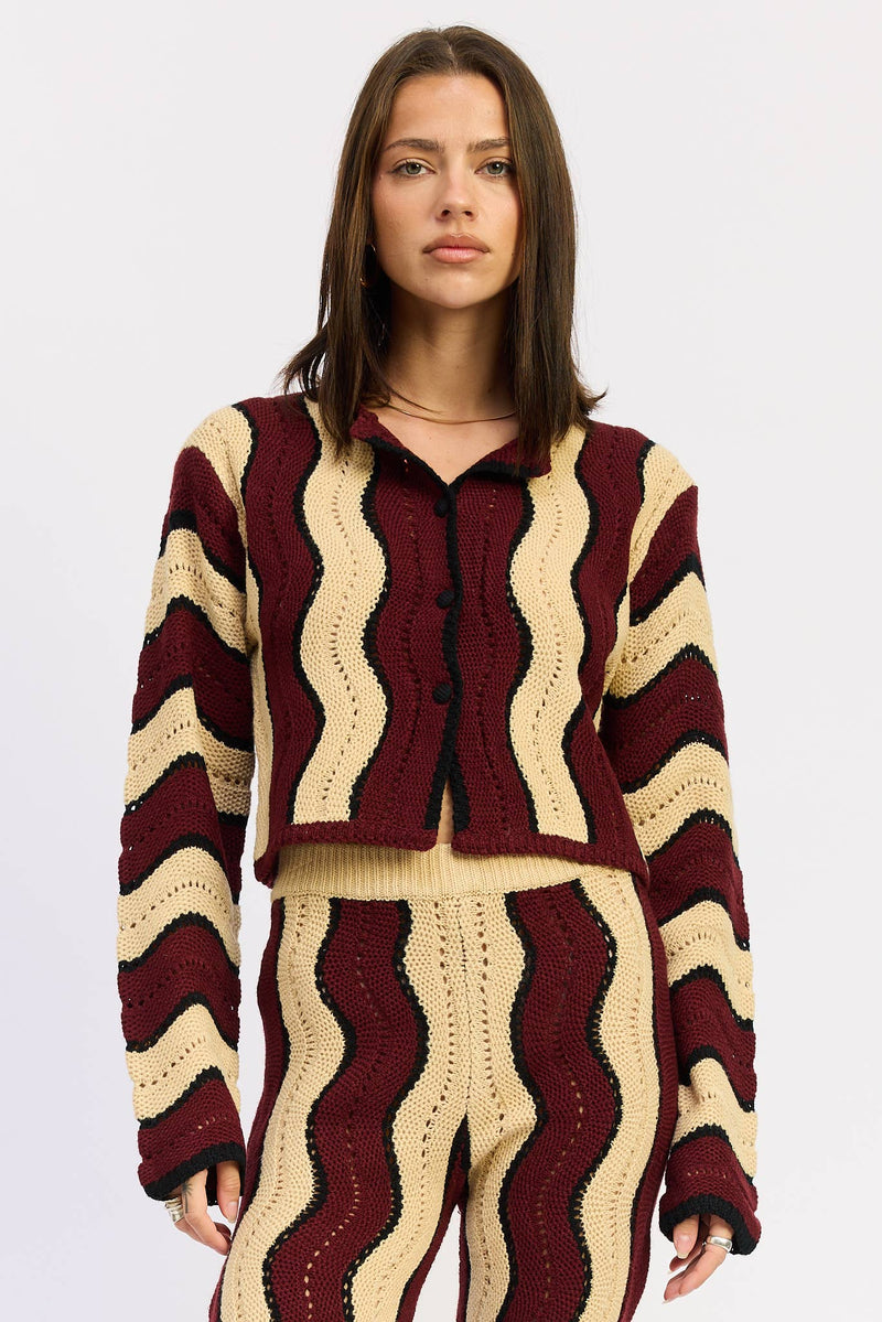 Contrast Burgundy Wavy Cardigan