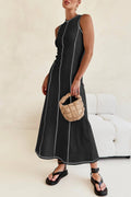 Ribbed Maxi A-line Sleeveless Dress with Contrast Stitch in Black