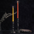 Two candles in black candlesticks on a dark background with eucalyptus leaves and a rock.