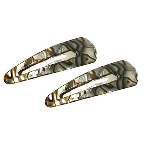 Two marbled patterned hair clips on a white background