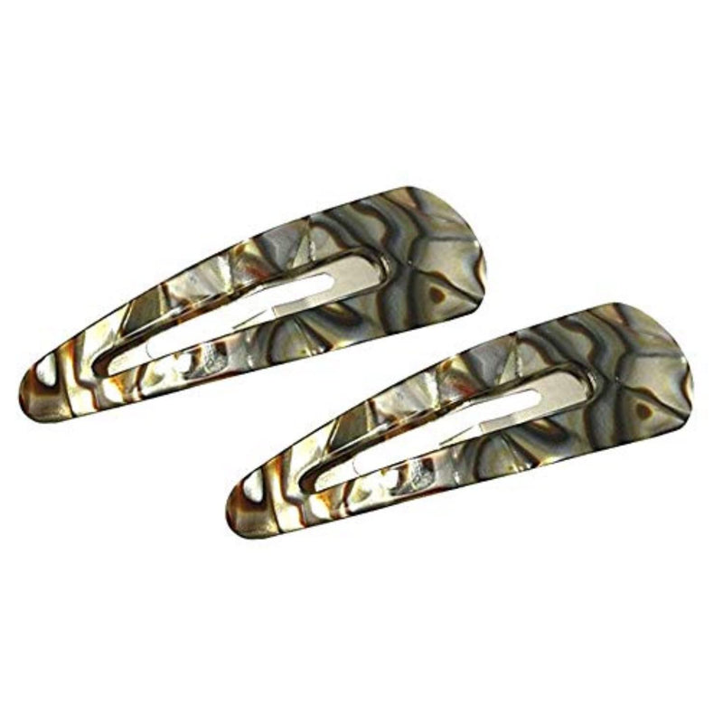 Two marbled patterned hair clips on a white background