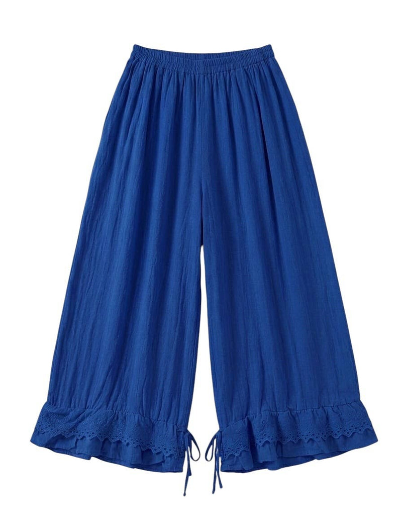 Blue wide-leg pants with ruffled bottom on a white background