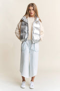 Silver Shiny Metallic Puffer Snap Button Vest