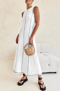 Ribbed Maxi A-line Sleeveless Dress with Contrast Stitch in White