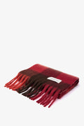 Red and brown checkered blanket with fringes on a white background
