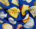 close up of cheese print scarf with blue background