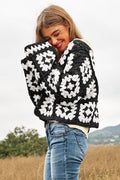 OVERSIZED TWO TONE FLORAL SQUARE CROCHET OPEN CARDIGAN: WHITE BLACK