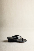 Aurora Black Leather Wedge Thong Sandals