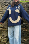Playful Face Knit Sweater: BLUE / S