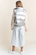 Silver Shiny Metallic Puffer Snap Button Vest