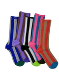 Six pairs of striped socks in various colors, including blue, purple, black, pink, red, and orange, arranged together on a plain white background.