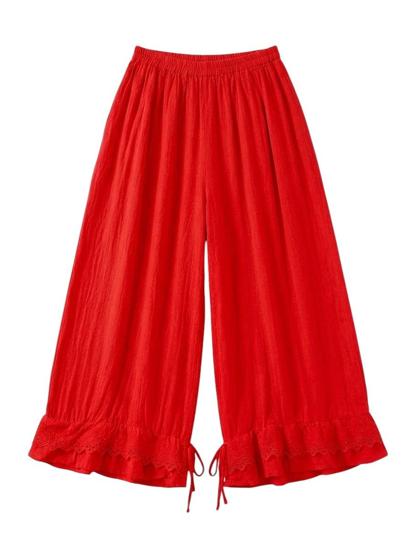 Red wide-leg pants with lace trim on a white background