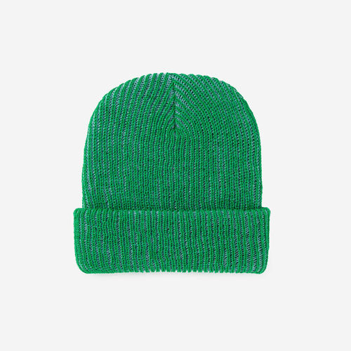 Green knit beanie on a white background