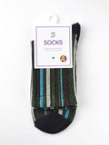 Pack of striped socks with a brand label on a white background