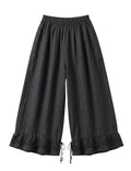 grey wide-leg cropped pants with an elastic waistband, drawstring hem, and ruffled lace trim, shown against a plain white background.