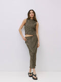 The Sab Skirt | Plaid Crinkle Midi Skirt: BROWN / SMALL