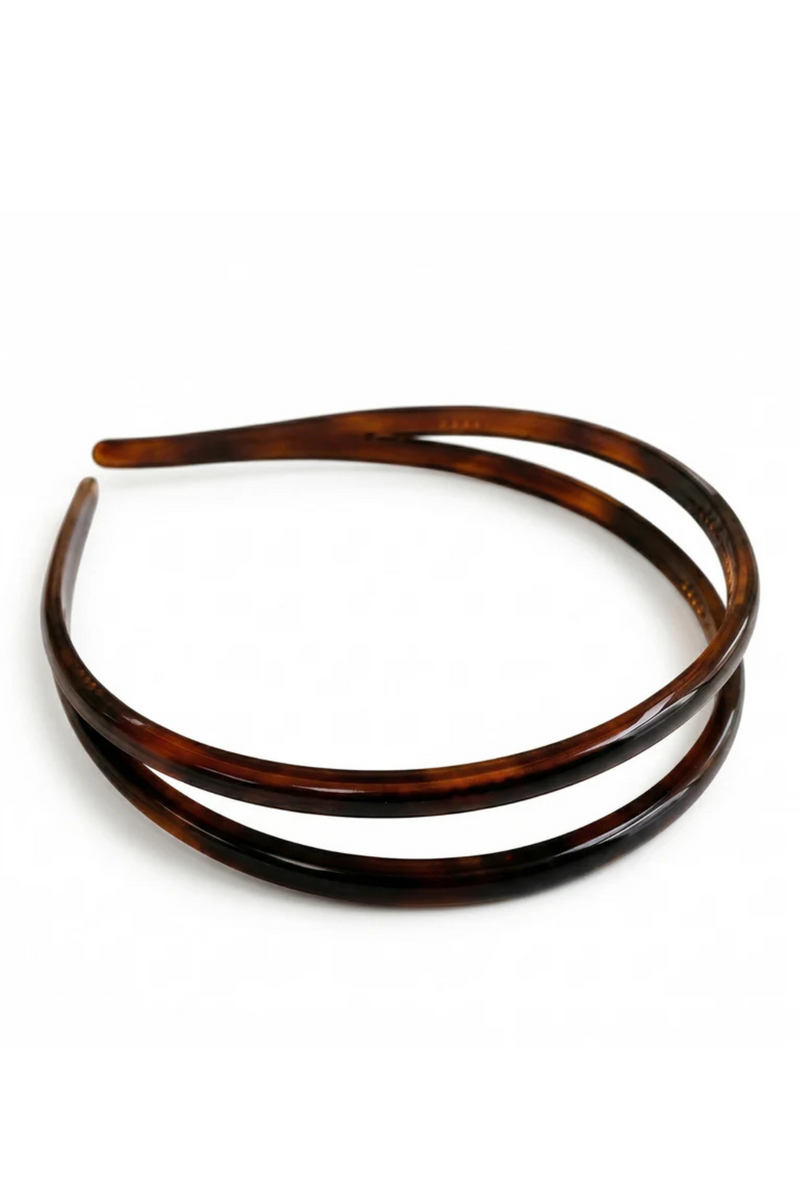 A double-strand tortoiseshell hair headband in a dark brown and amber pattern, photographed on a clean white background.