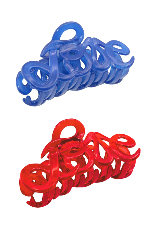 Two plastic hair claw clips shown on a plain white background, one in translucent blue and one in bright red.